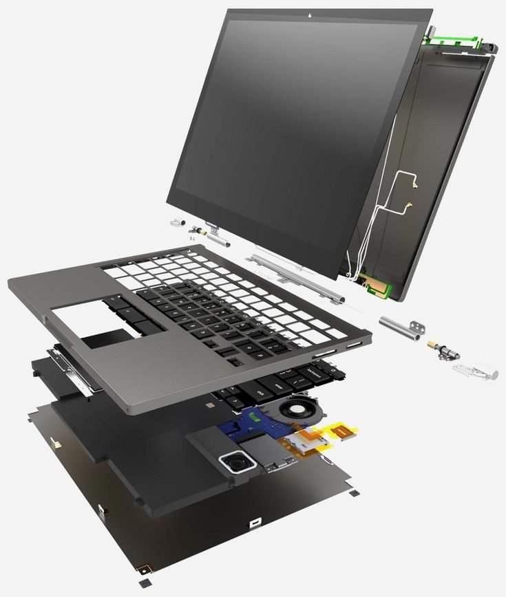 Notebook desarmada en capas: pantalla, teclado, placa y carcasa